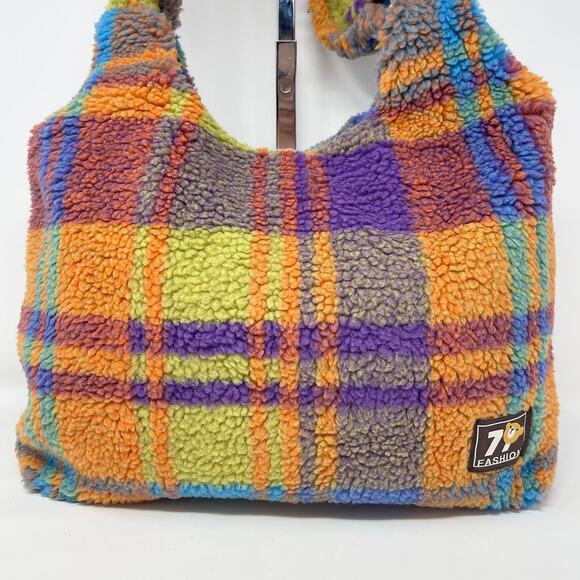 Fluffy Teddy Fur Tote Bag Orange Purple Plaid Retro‎ Shopper Orange Purple Blue - Picture 2 of 8